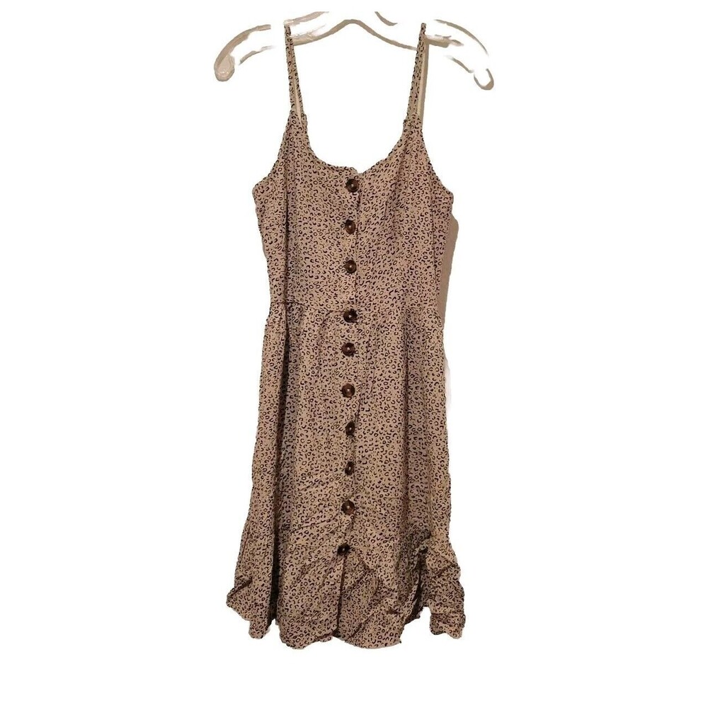 Japna Leopard Button Front Dress Women A-Line Ruffle Beige Smocked MED Adjustabl